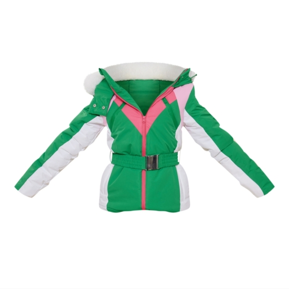 PrettyLittleThing Jackets & Blazers - Prettylittlething SKI Green and Pink Faux Fur Hooded Belted Jacket